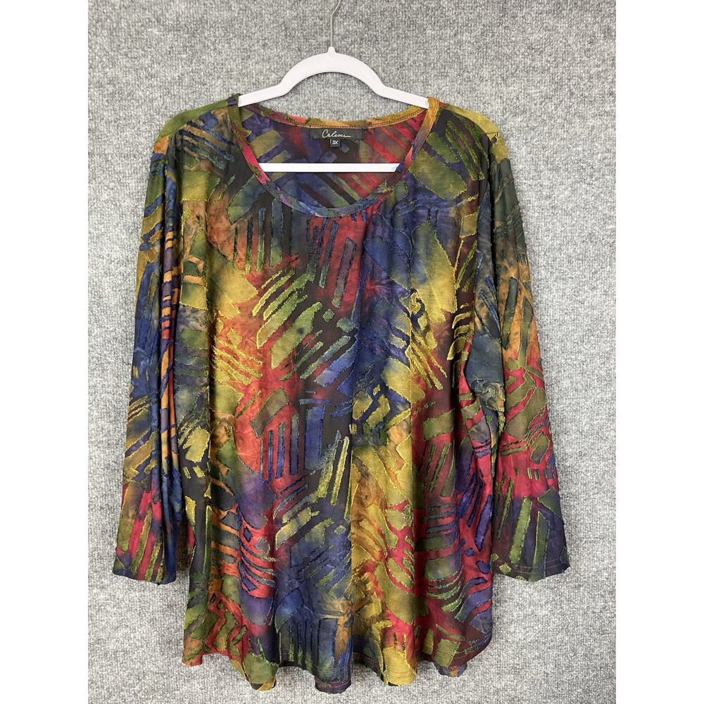 Calessa Plus Size 3X Burnout Tie-Dye Knit Crew Neck 34 Sleeve‎ Asymmetric Dipped